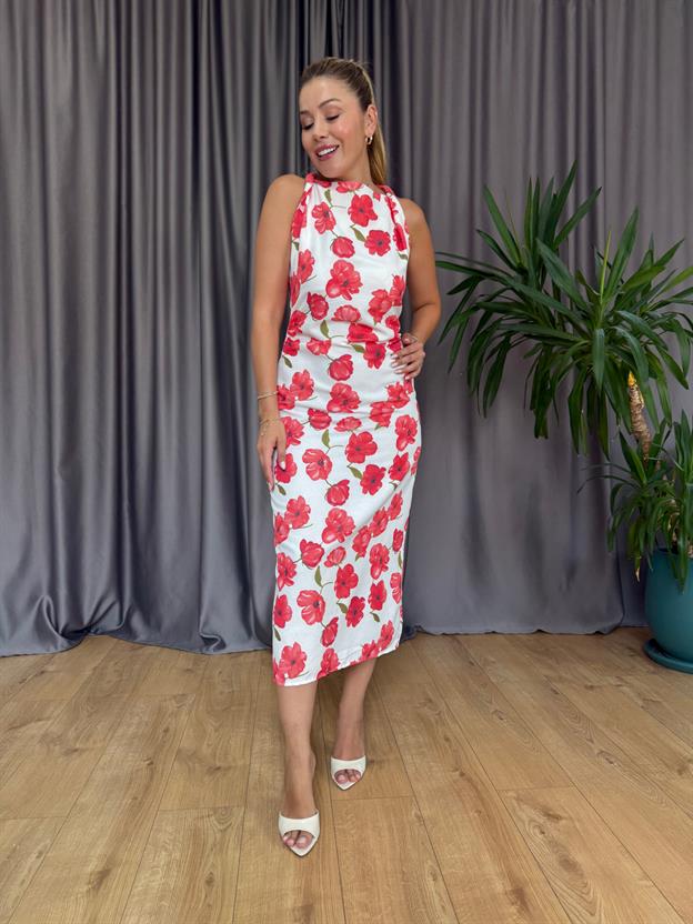 Ekru Çiçek Desenli Elbise