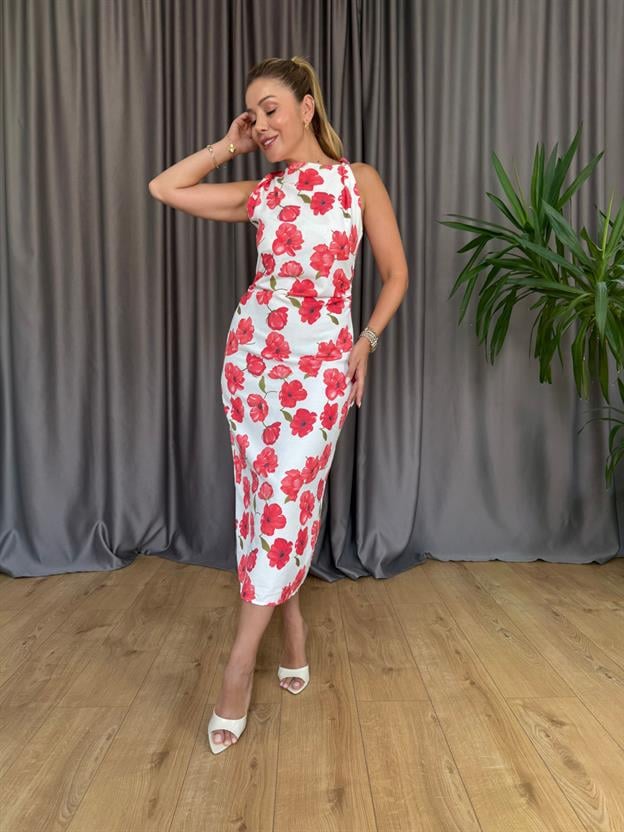 Ekru Çiçek Desenli Elbise