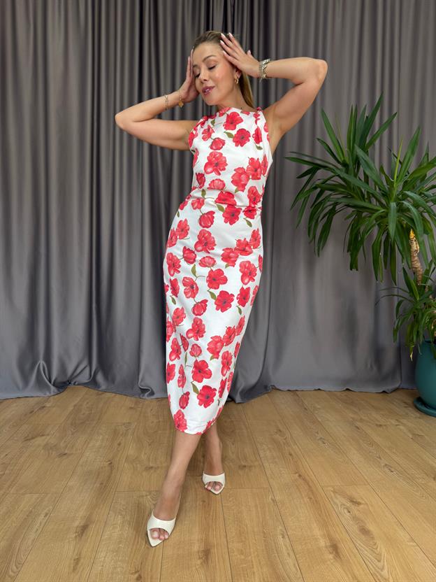 Ekru Çiçek Desenli Elbise