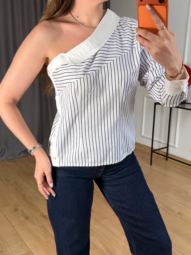 Ekru Çizgili Tek Kollu Gömlek