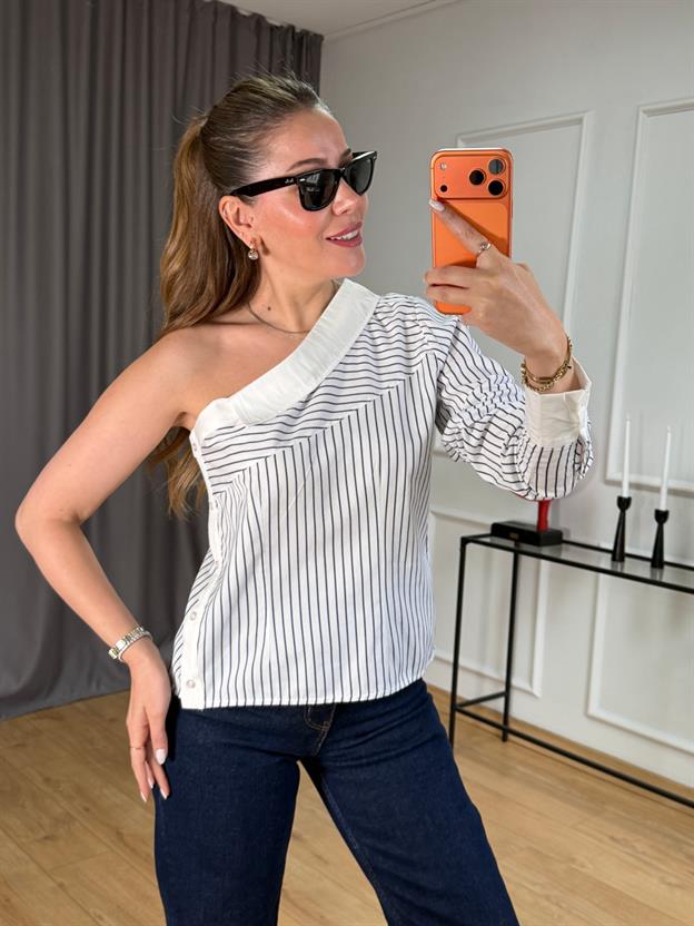 Ekru Çizgili Tek Kollu Gömlek