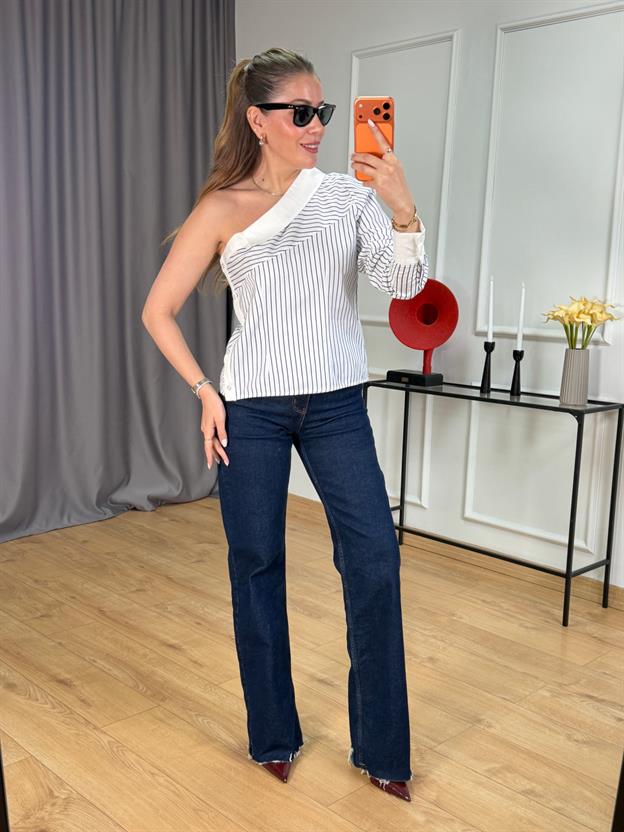 Ekru Çizgili Tek Kollu Gömlek