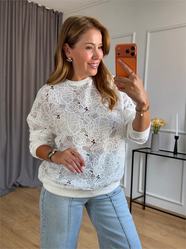 Ekru Dantelli Sweatshirt