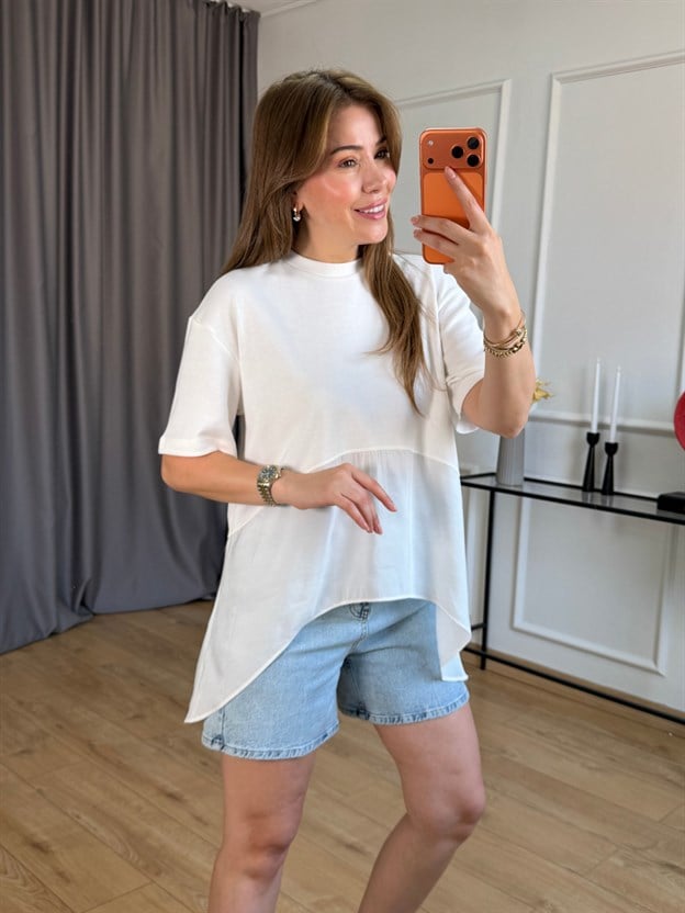 Ekru Eteği Garnili Tshirt
