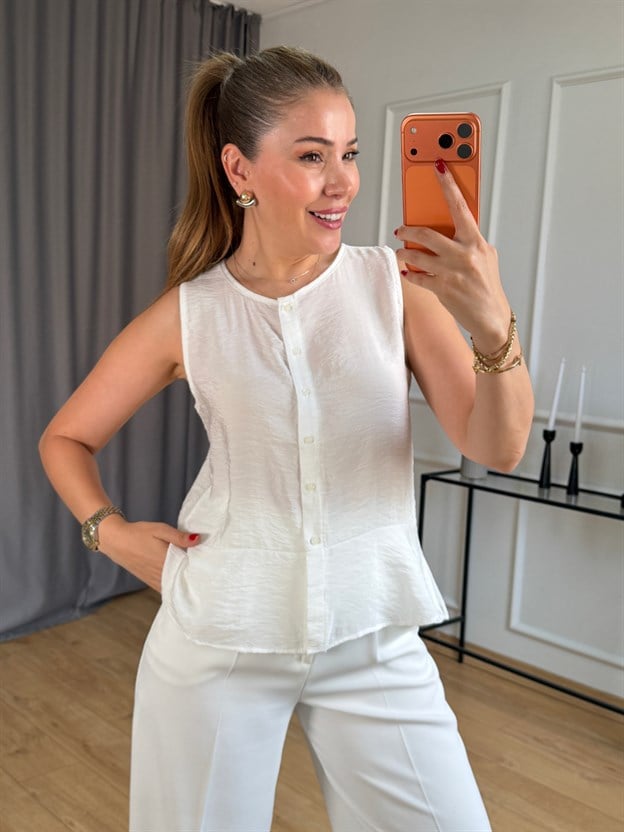 Ekru  Etek Ucu Volanlı Kolsuz Bluz