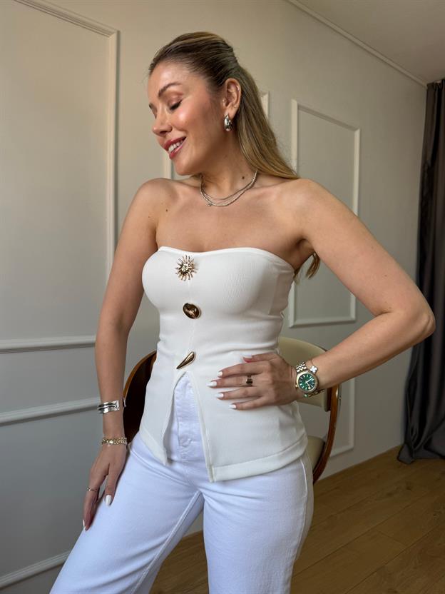 Ekru Gold Tokalı Straplez Bluz