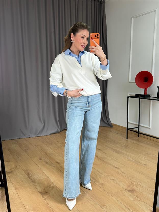 Ekru Gömlek Yakalı Sweatshirt