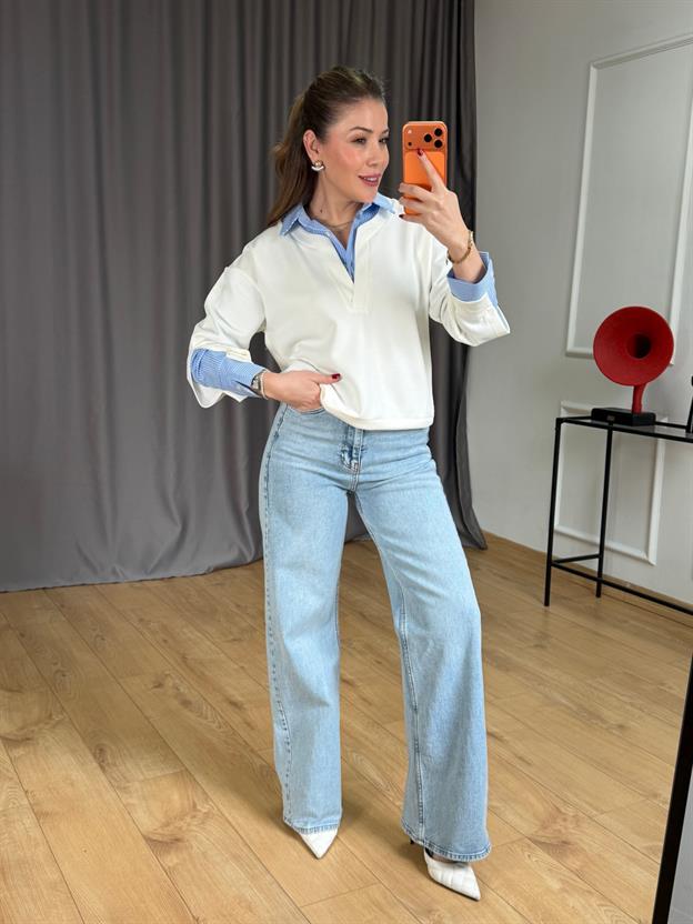 Ekru Gömlek Yakalı Sweatshirt