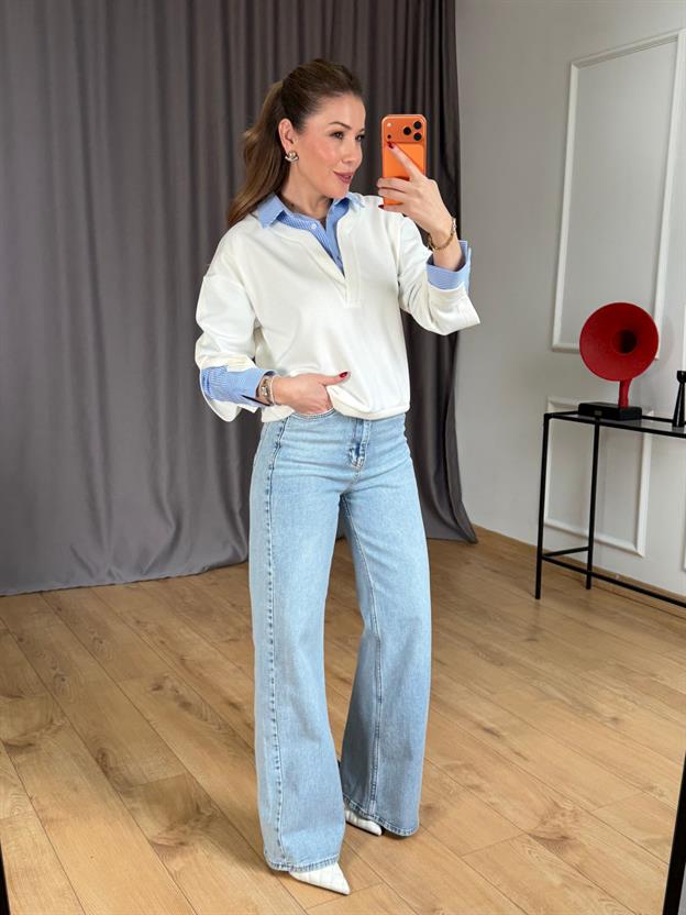 Ekru Gömlek Yakalı Sweatshirt