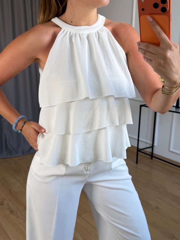 Ekru Halter Yaka Katkat Bluz