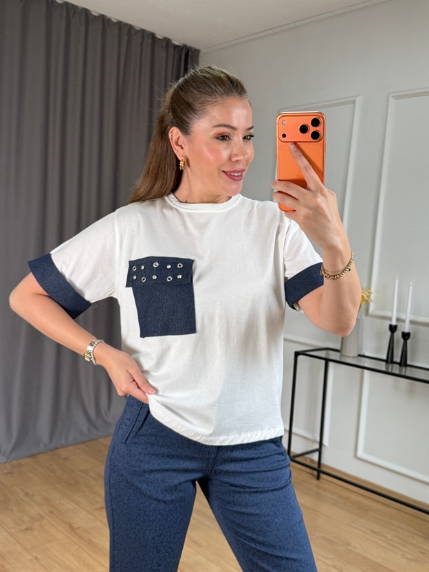 Ekru Jean Detaylı Arka Fermuarlı Tshirt