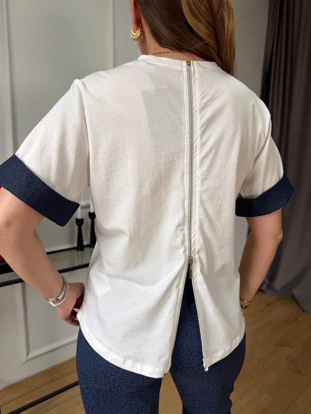 Ekru Jean Detaylı Arka Fermuarlı Tshirt