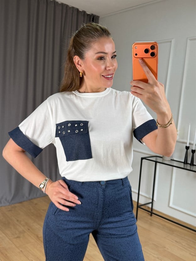 Ekru Jean Detaylı Arka Fermuarlı Tshirt