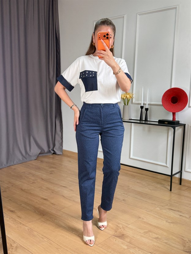Ekru Jean Detaylı Arka Fermuarlı Tshirt