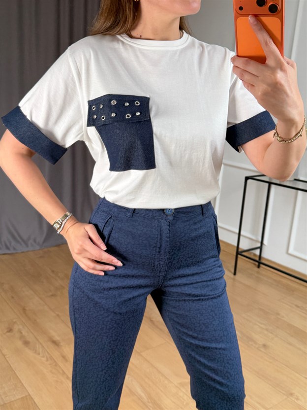 Ekru Jean Detaylı Arka Fermuarlı Tshirt
