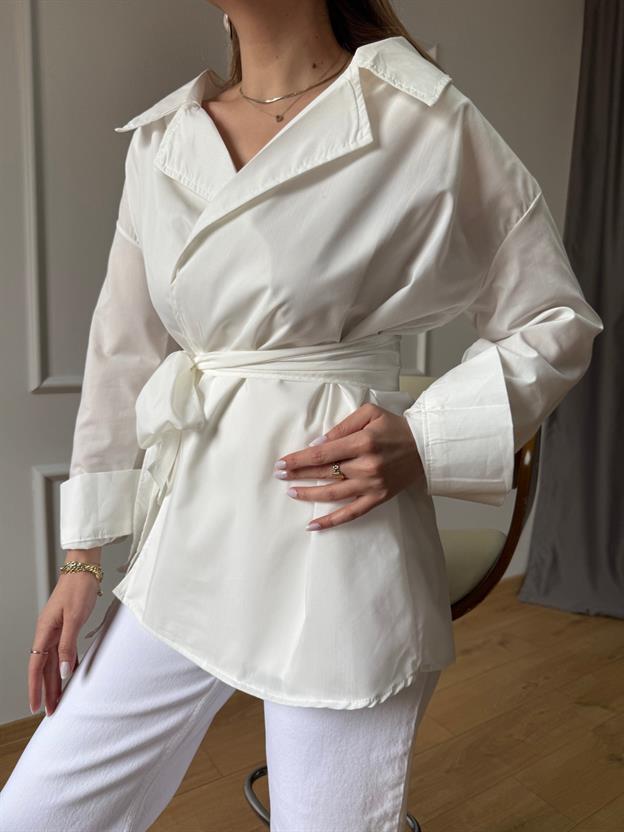 Ekru Uzun Kimono Model Gömlek 