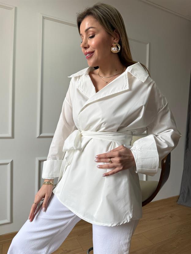 Ekru Uzun Kimono Model Gömlek 