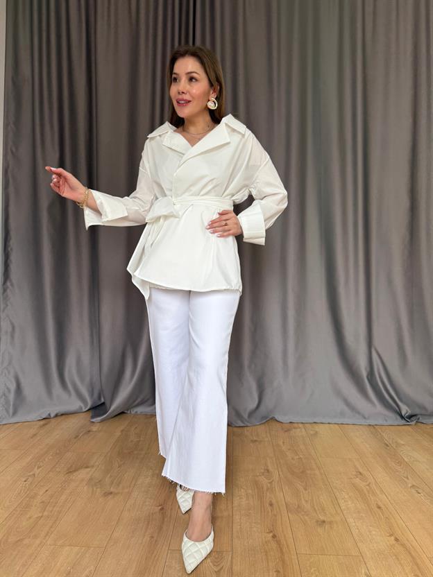 Ekru Uzun Kimono Model Gömlek 
