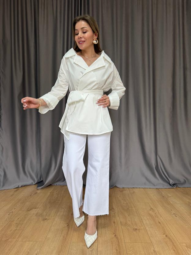 Ekru Uzun Kimono Model Gömlek 