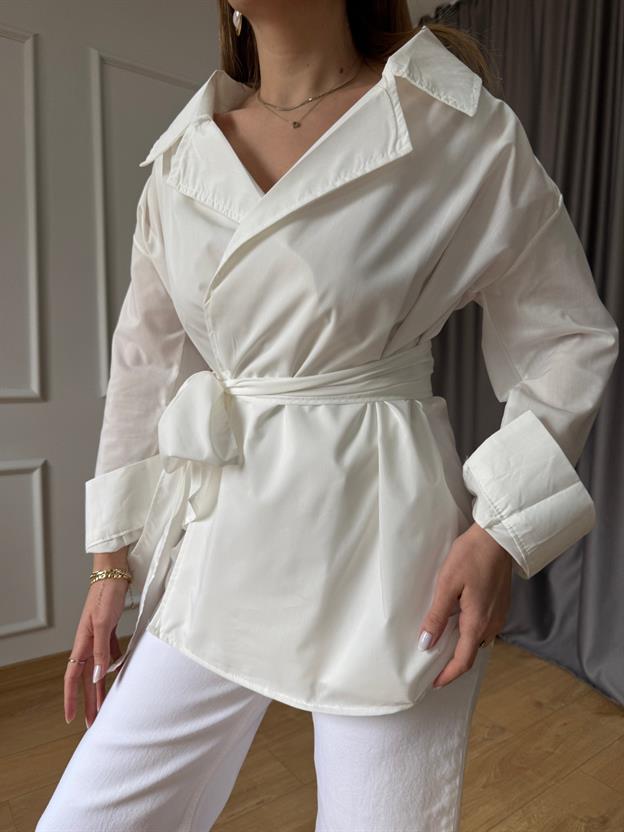Ekru Uzun Kimono Model Gömlek 