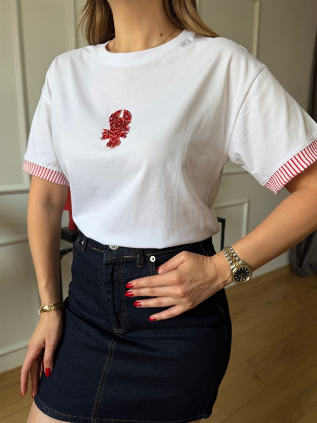 Ekru Kırmızı Istakozlu Tshirt