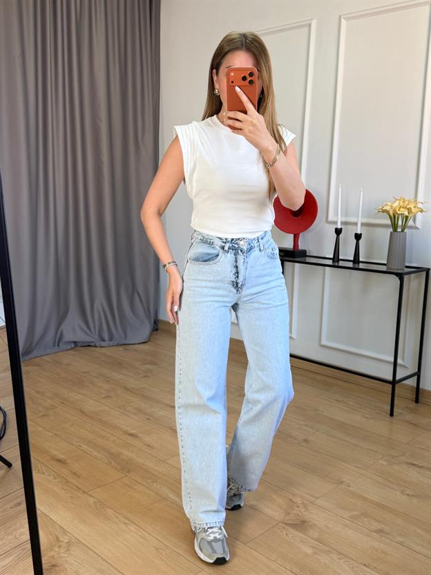 Ekru Omuz Şerit Taşlı Tshirt