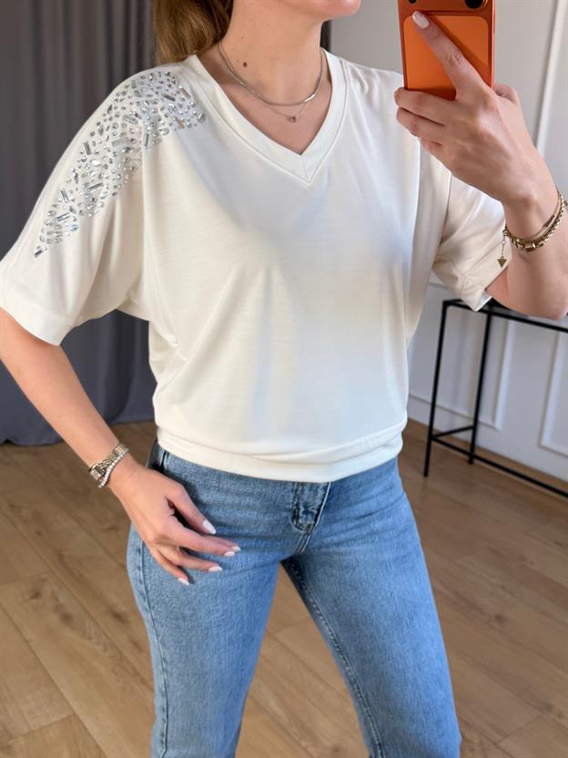 Ekru Omuz Taşlı Modal Bluz