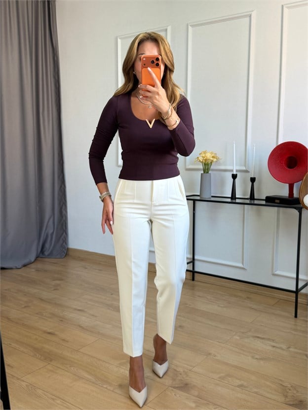 Ekru Önü Flotalı Pantolon