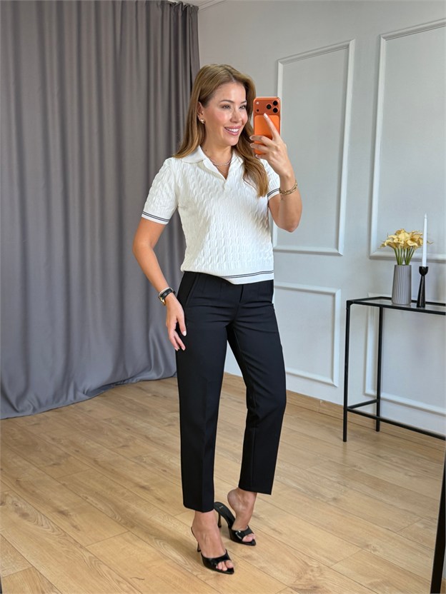 Ekru Saç Örgü Model Polo Yaka Triko
