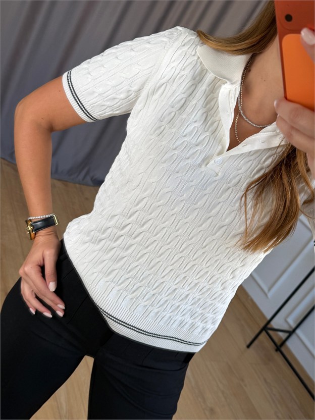 Ekru Saç Örgü Model Polo Yaka Triko