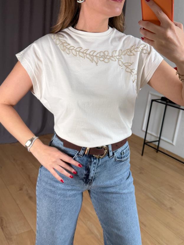 Ekru Yaprak Desen Tshirt