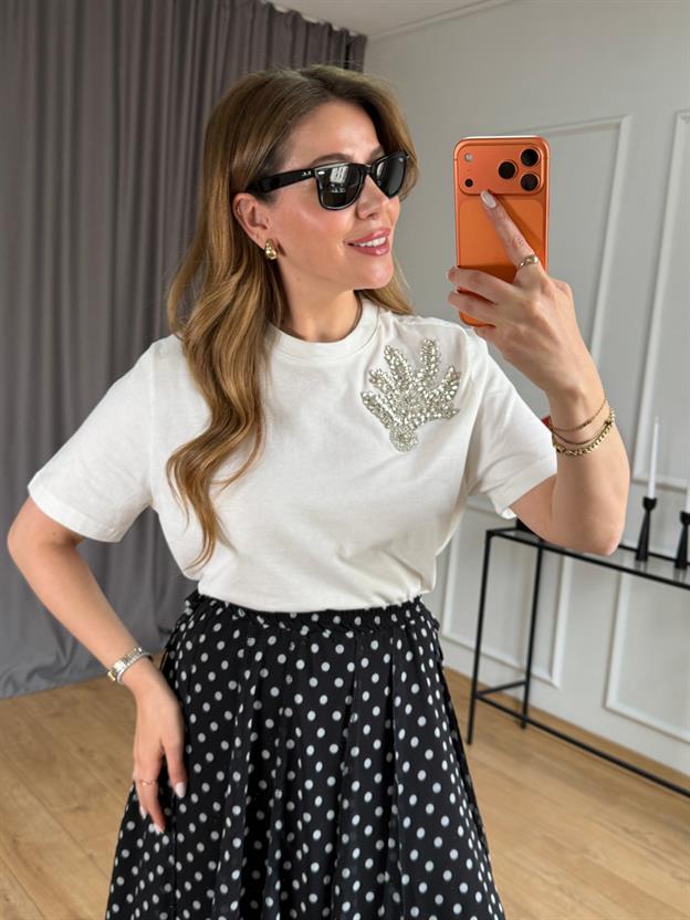 Ekru Yaprak Taşlı Tshirt