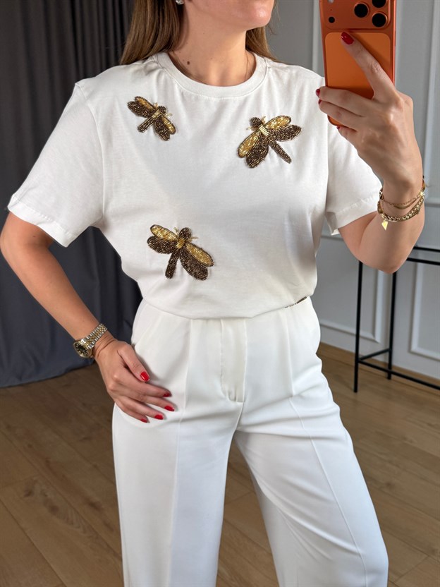 Ekru Yusufcuk Taşlı Tshirt
