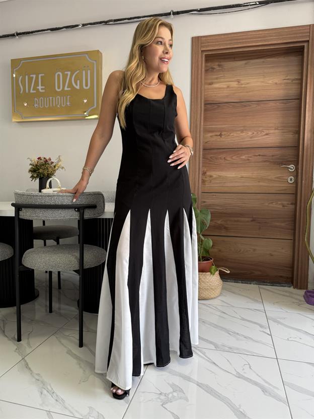 Etek Ucu Ekru Detaylı Siyah Elbise