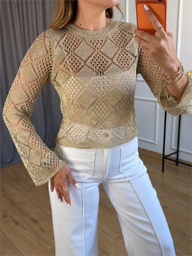 Gold Geometrik Desenli Bluz