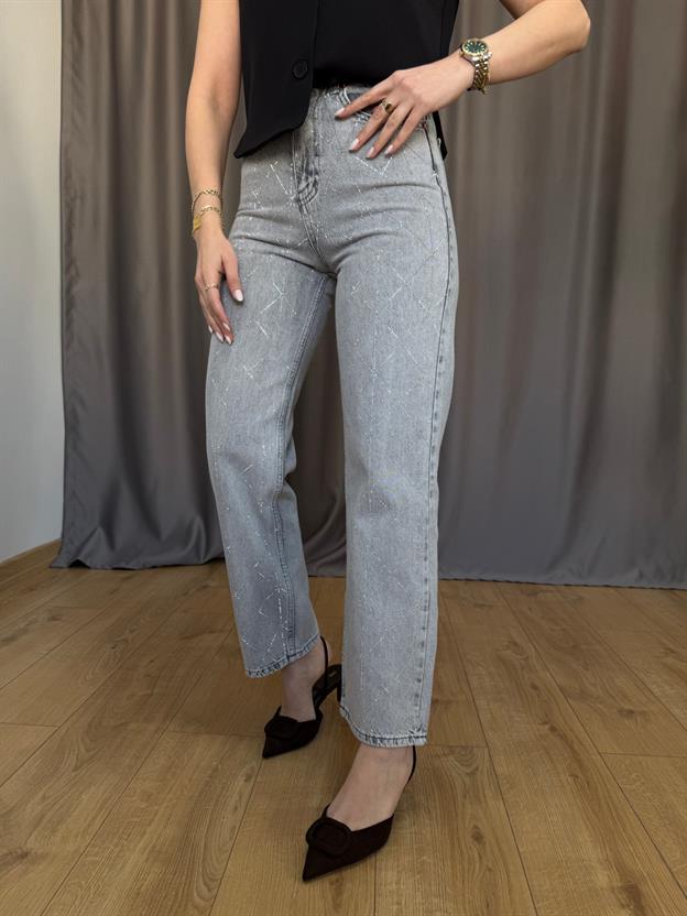 Gri Geometrik Taşlı Jean