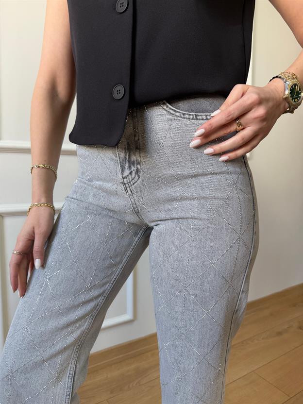 Gri Geometrik Taşlı Jean