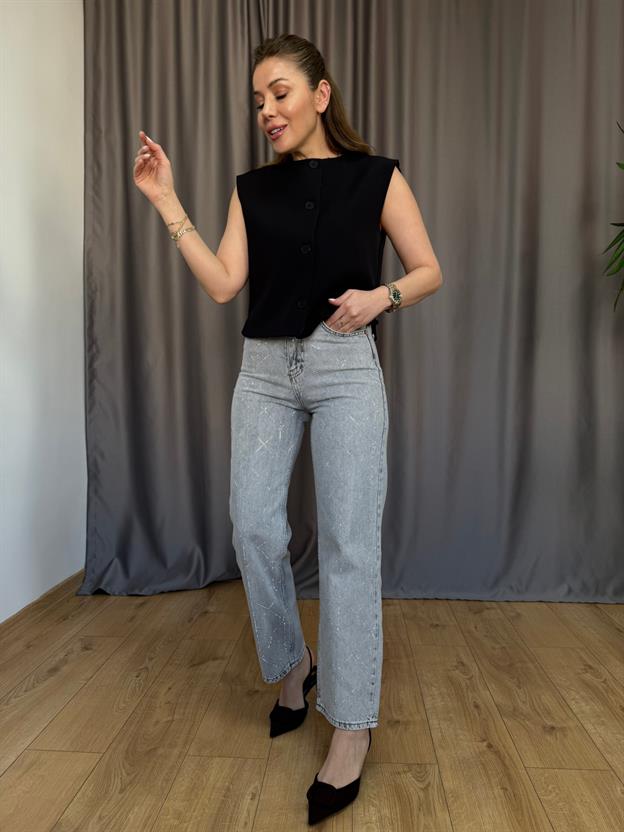Gri Geometrik Taşlı Jean
