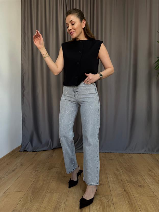 Gri Geometrik Taşlı Jean