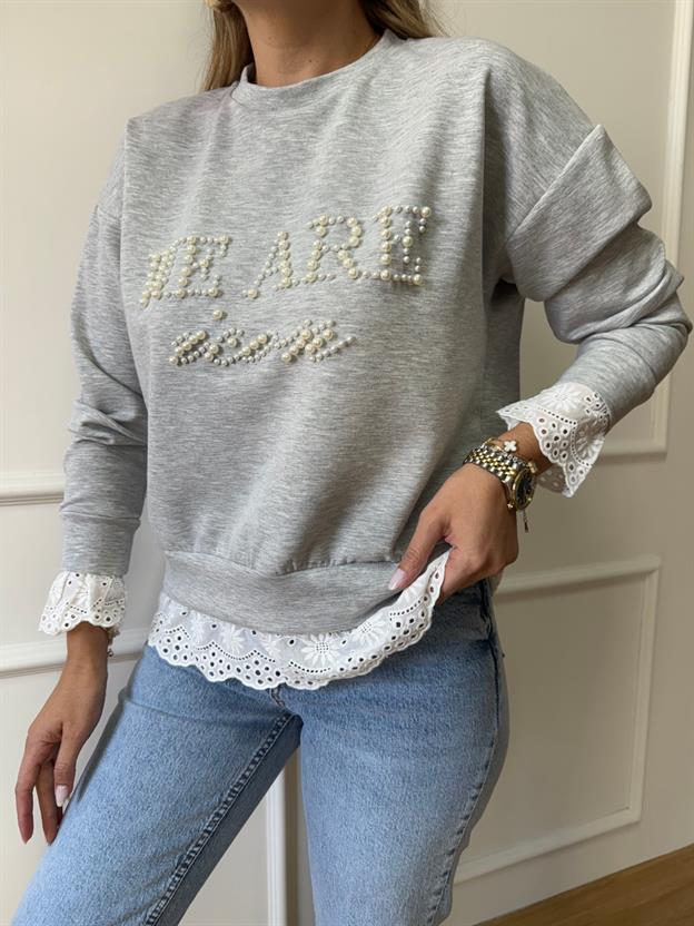 Gri İncili Fisto Detaylı Sweatshirt