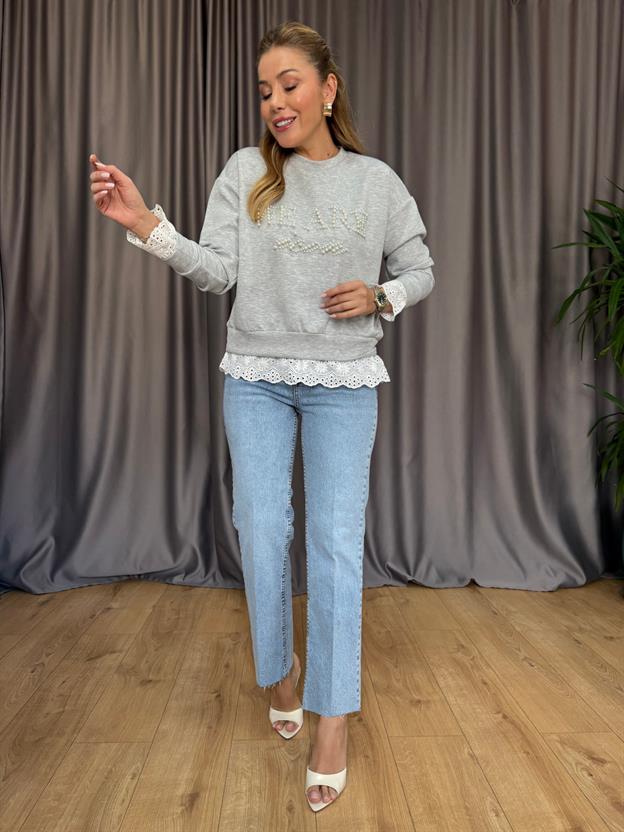 Gri İncili Fisto Detaylı Sweatshirt