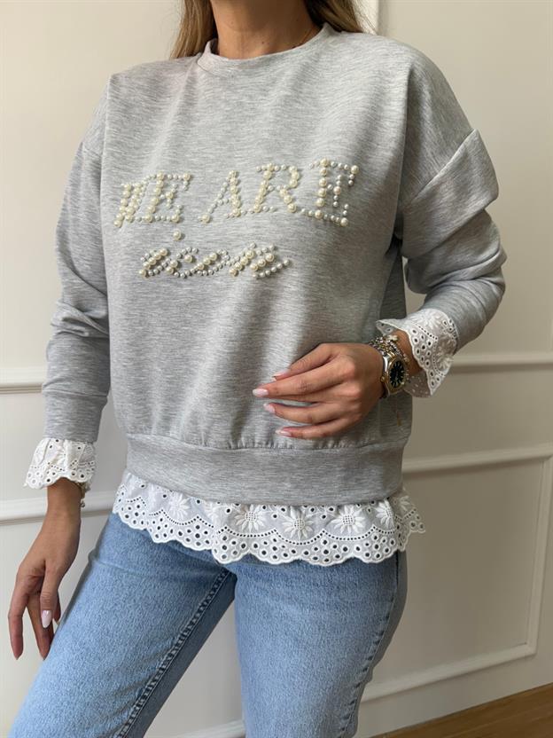 Gri İncili Fisto Detaylı Sweatshirt