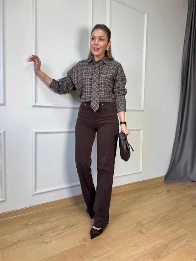 Gri Kahve Ekoseli Kravatlı Gömlek