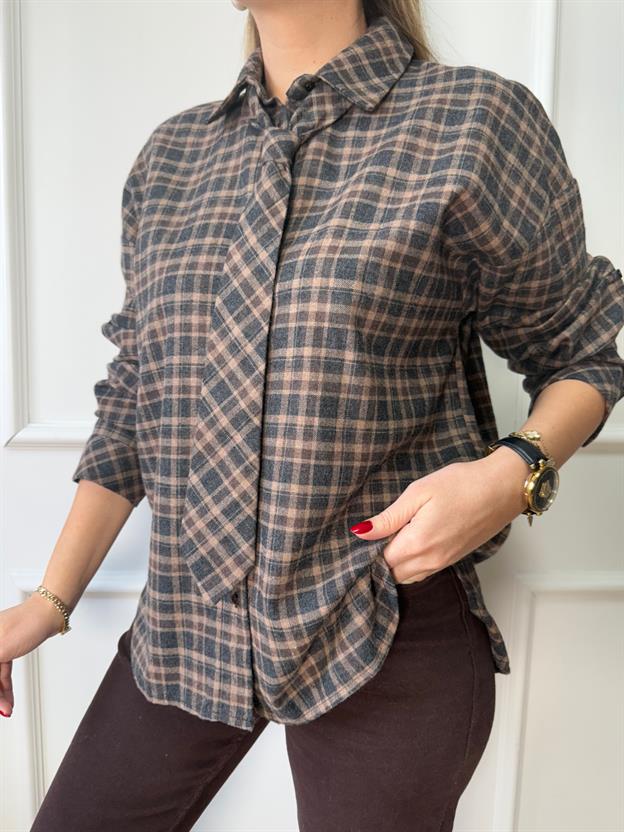 Gri Kahve Ekoseli Kravatlı Gömlek
