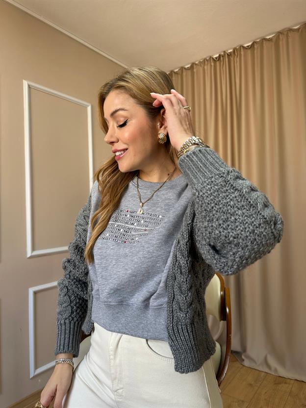 Gri Kolları Örgü Sweatshirt