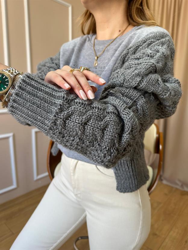 Gri Kolları Örgü Sweatshirt