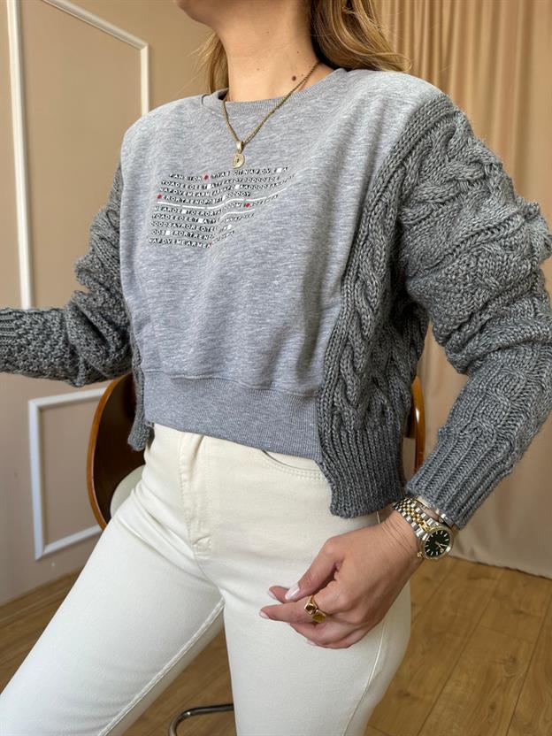 Gri Kolları Örgü Sweatshirt