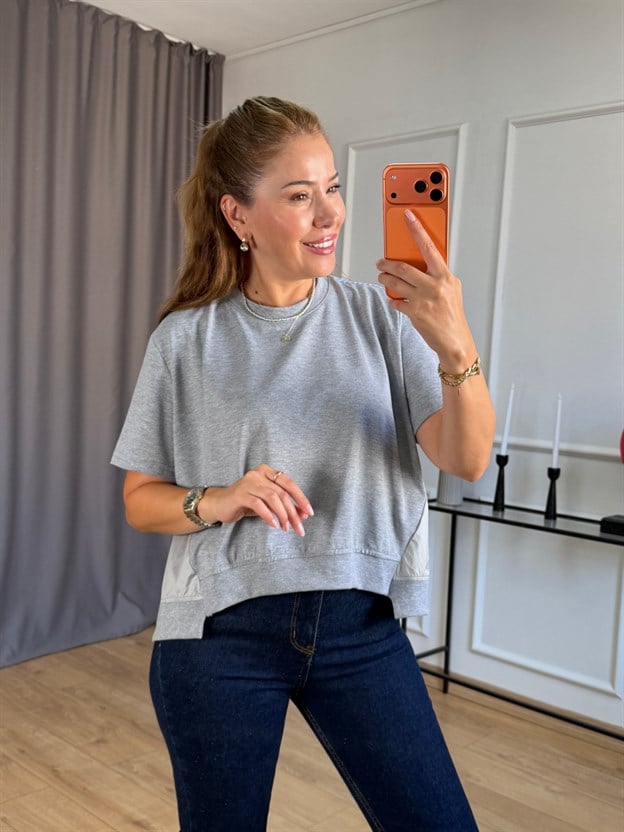 Gri Paraşüt Detaylı Tasarım Tshirt