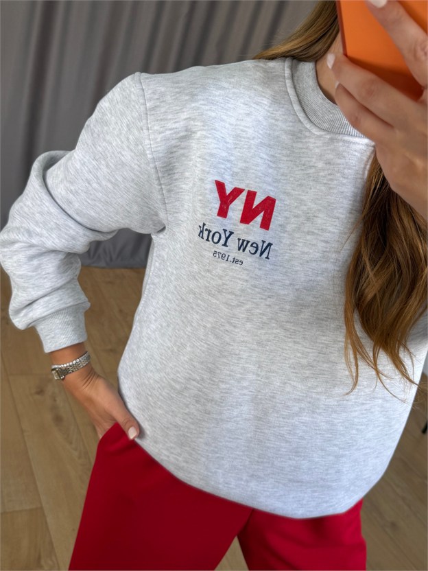 Gri Yazı Detaylı Sweatshirt