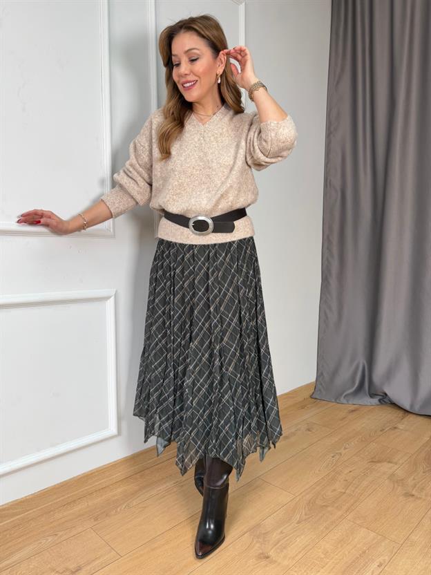 Haki Asimetrik Şifon Etek